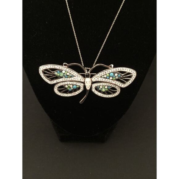 New Silvertone Butterfly Pendant Brooch Necklace on Silvertone Chain 18" - Picture 5 of 8